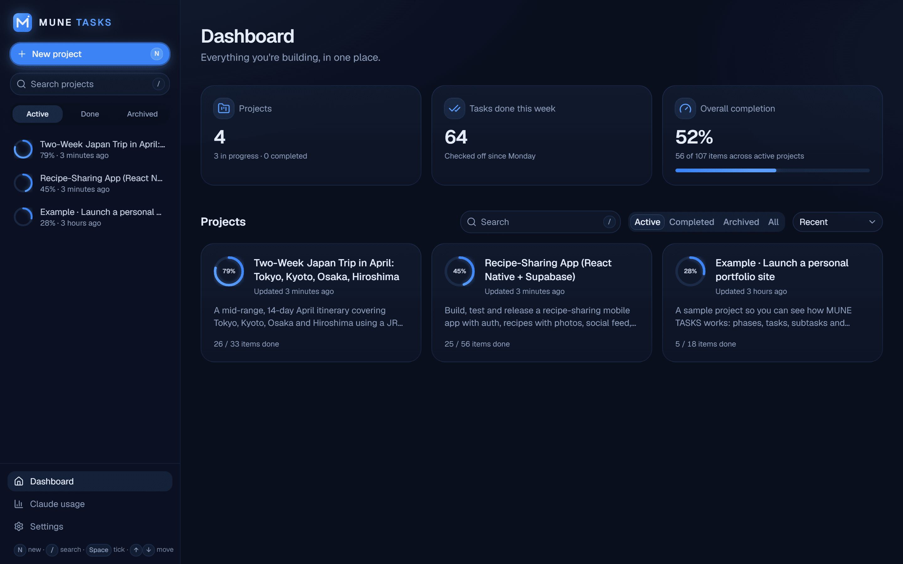 MUNE TASKS dashboard listing active projects