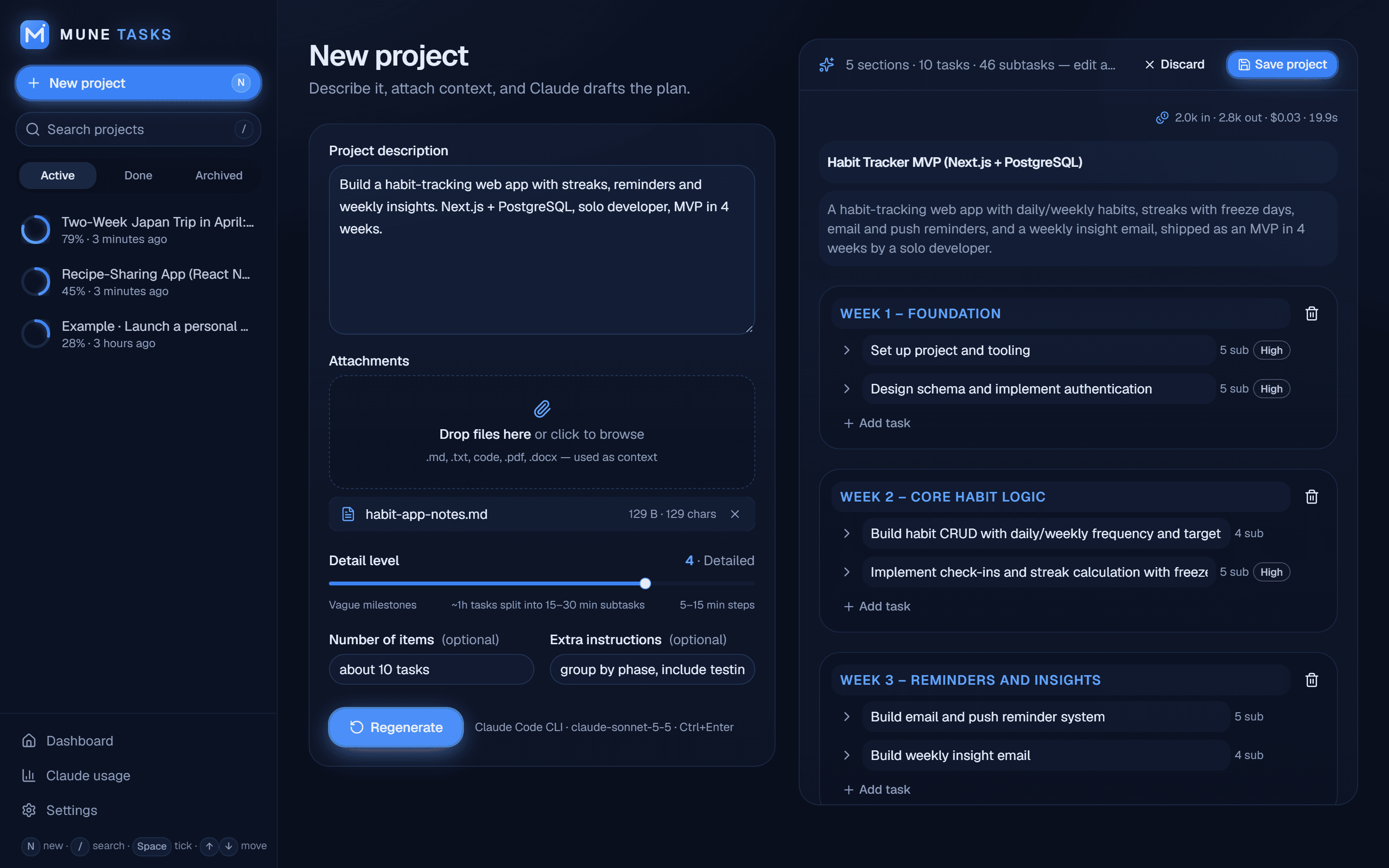 Generated project plan, ready to review and save