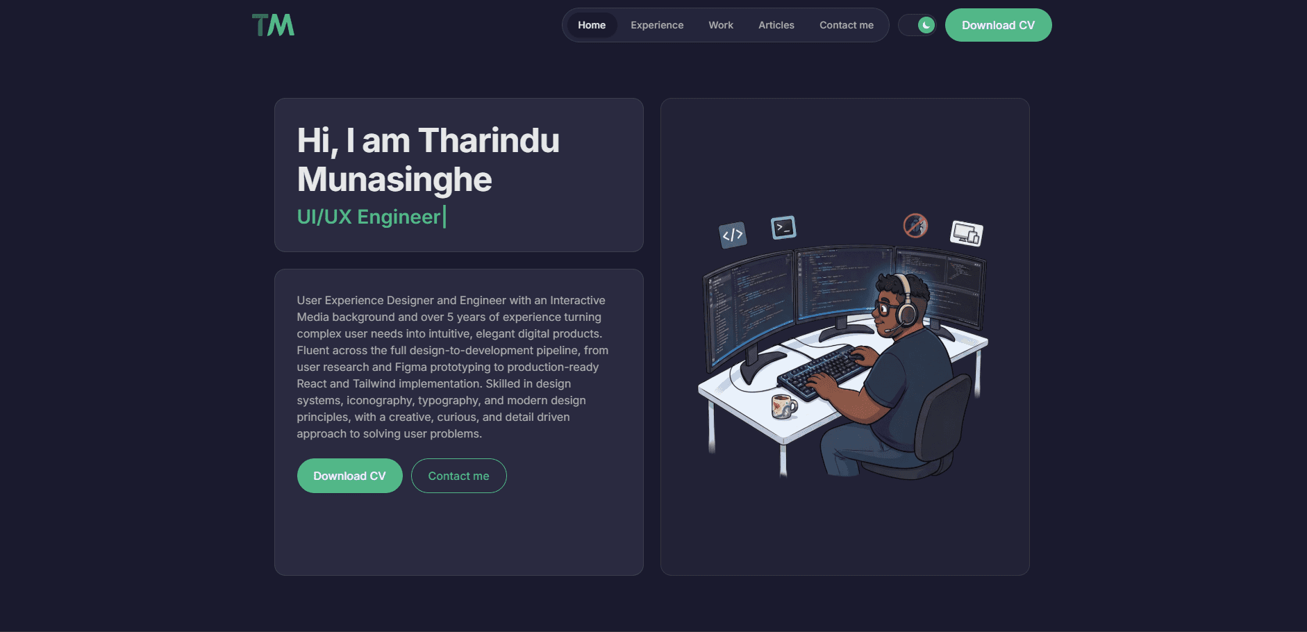 This portfolio's homepage with the hero and role tags