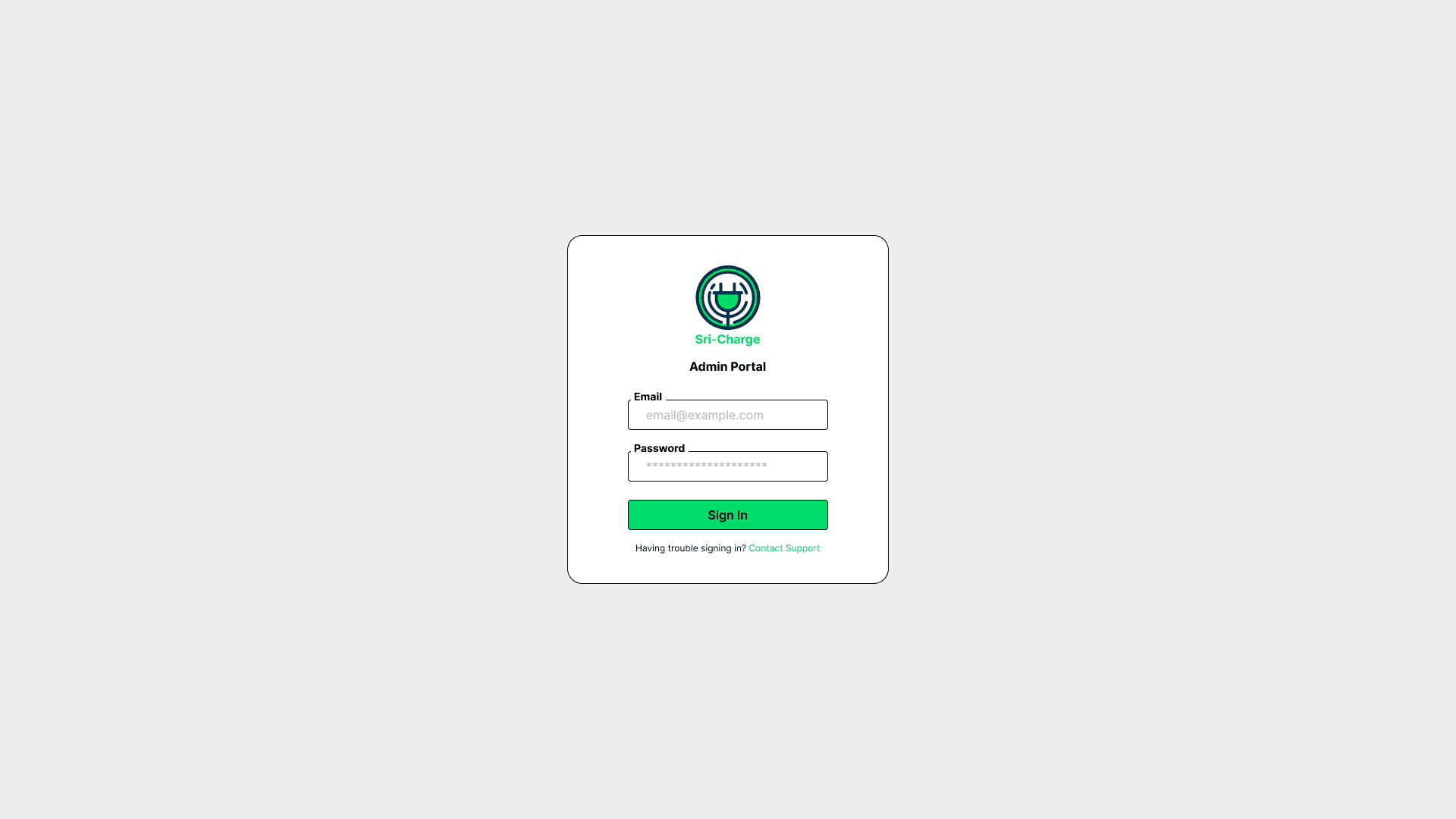 Sri Charge admin login screen