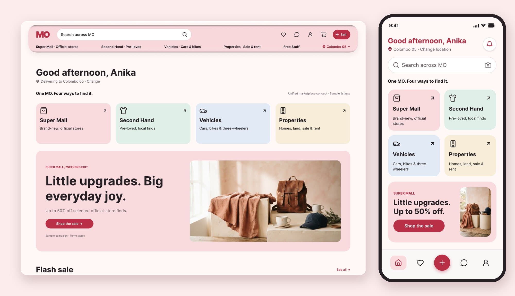 MO Marketplace redesign shown on desktop and iPhone: a greeting, a search bar, four entrance cards for Super Mall, Second Hand, Vehicles and Properties, and a campaign banner