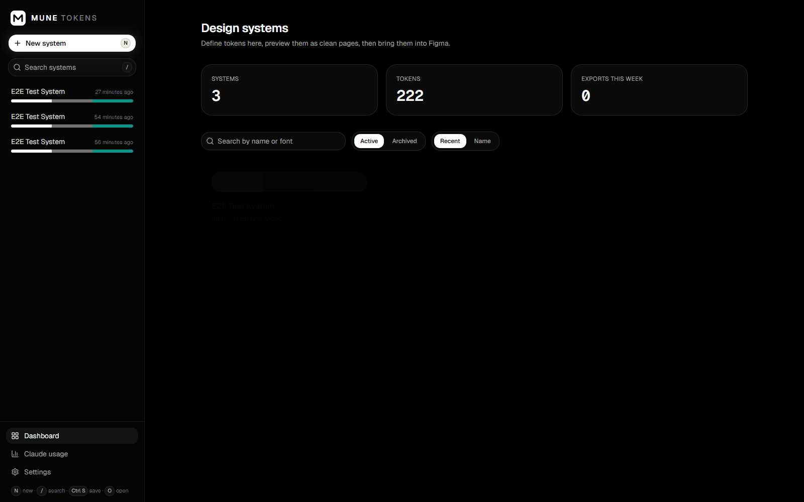 MUNE Tokens dashboard with three systems, their token counts and recent exports, over a pure black interface