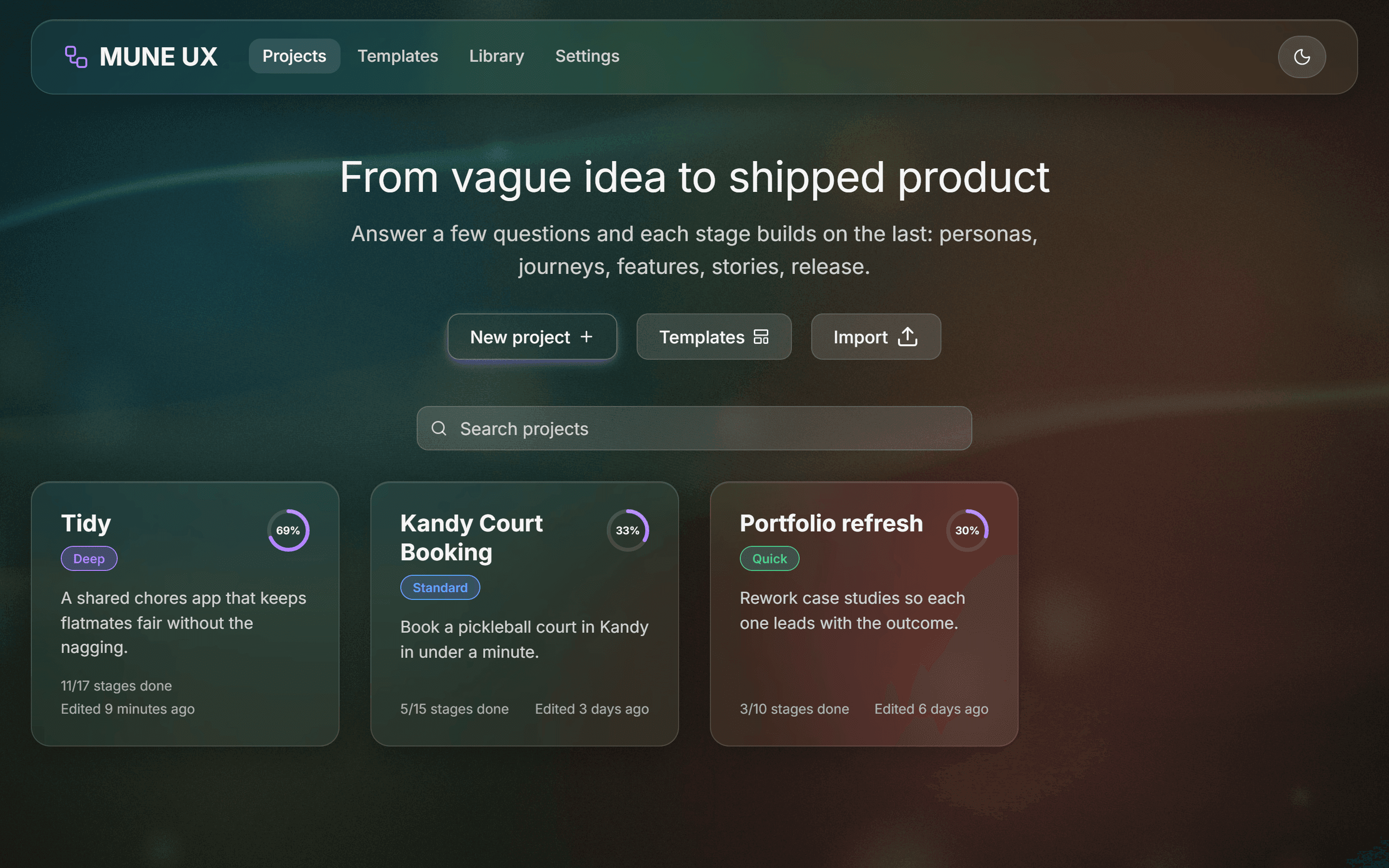 MUNE UX dashboard over the aurora wallpaper, with frosted glass cards