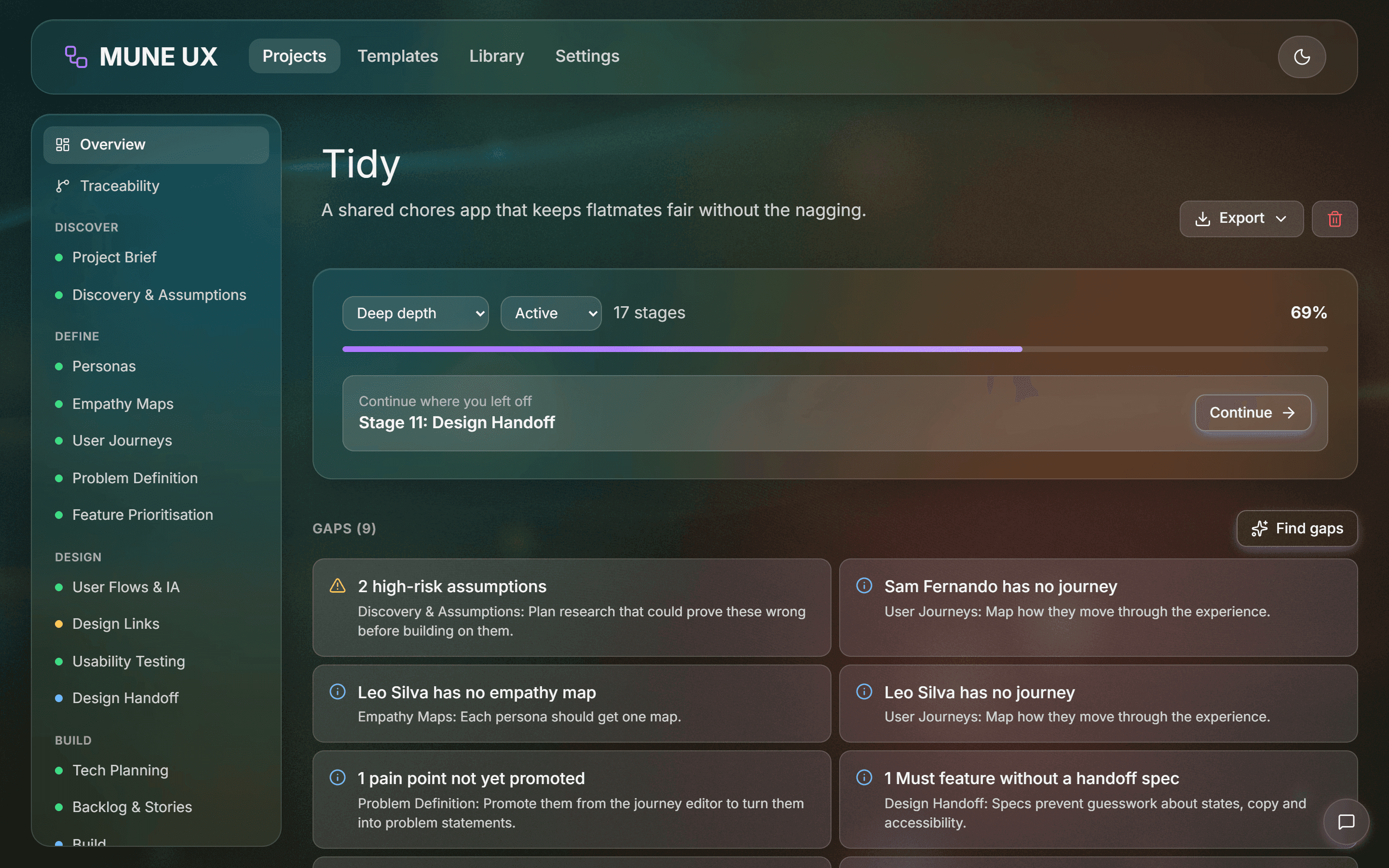 Project overview with progress, the next stage to continue, and gap warnings