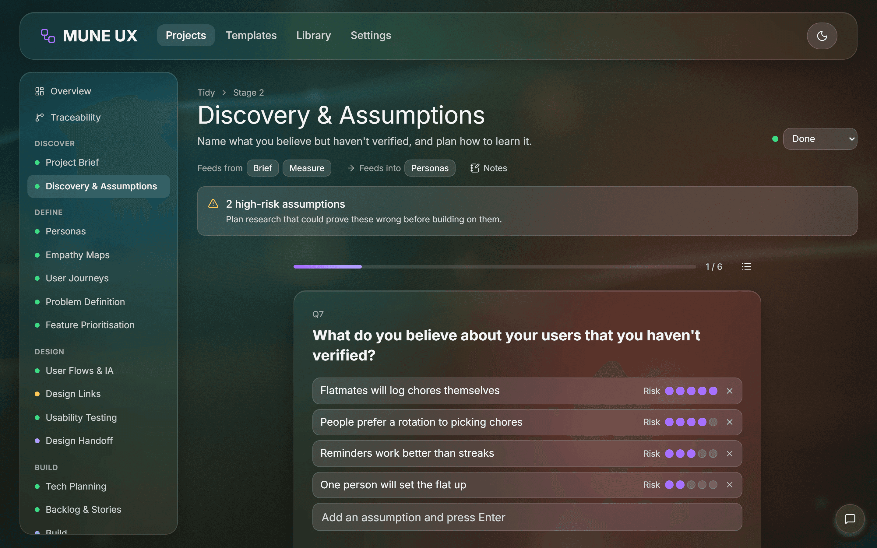 Discovery question card with risk-rated assumptions
