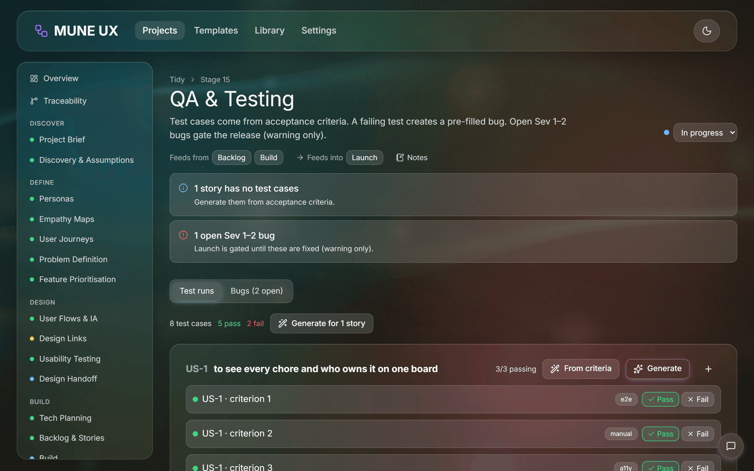 QA test runs generated from acceptance criteria, with pass and fail results