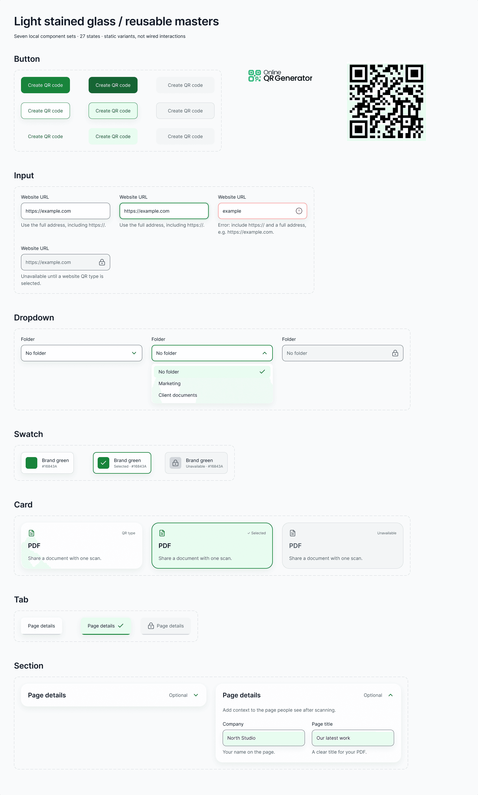 Reusable component masters for buttons, inputs, dropdowns, swatches, cards, tabs and sections