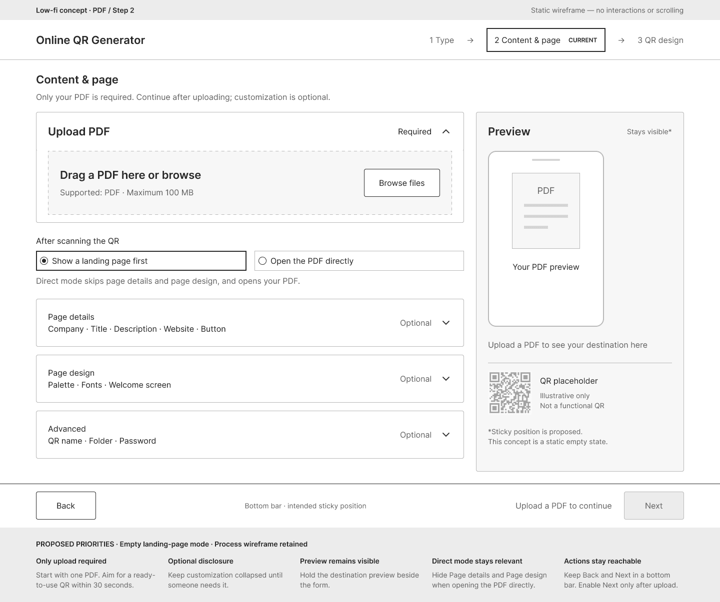 Low-fi wireframe of Step 2 with one required upload, three collapsed optional groups and a preview