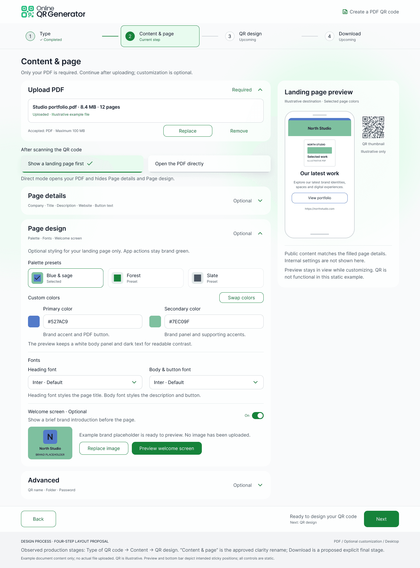 PDF page design step with the Blue and sage, Forest and Slate palette presets and custom colour fields