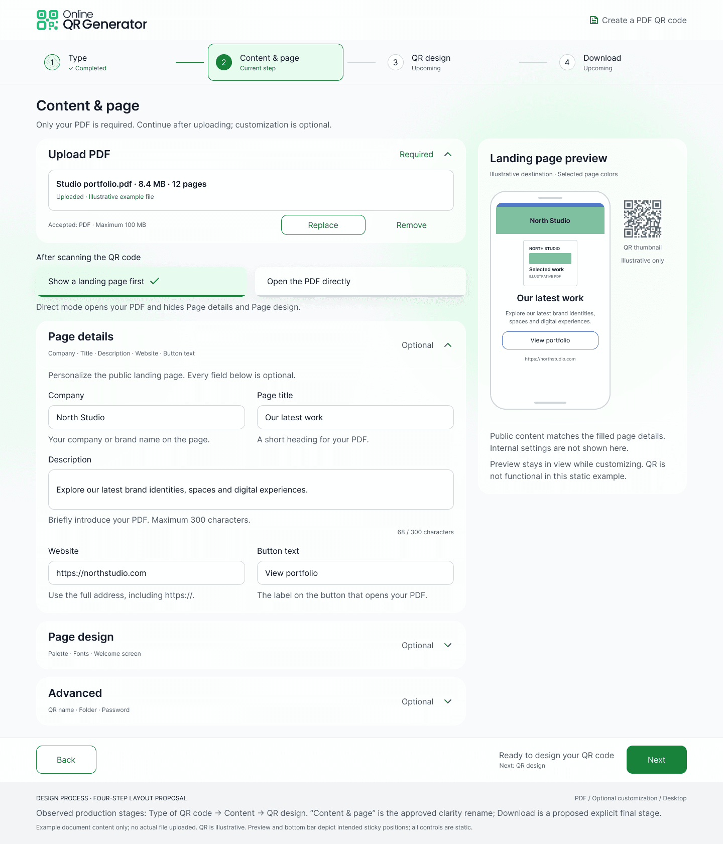 Page details filled in with a company name, page title, description and website on the landing page preview
