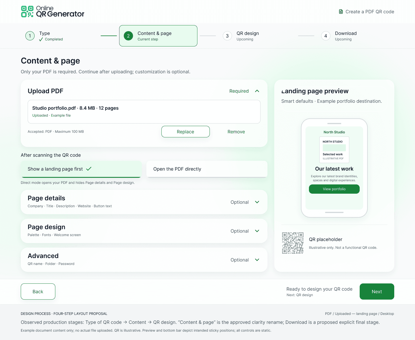 Landing page preview with smart defaults, using an example portfolio destination and a placeholder QR code
