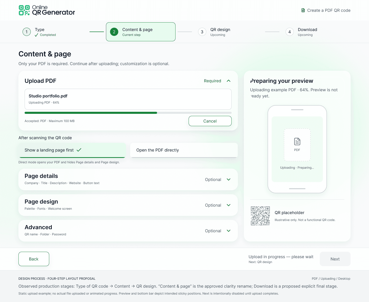 Upload in progress with a progress bar, a Cancel button and Next disabled until the upload completes