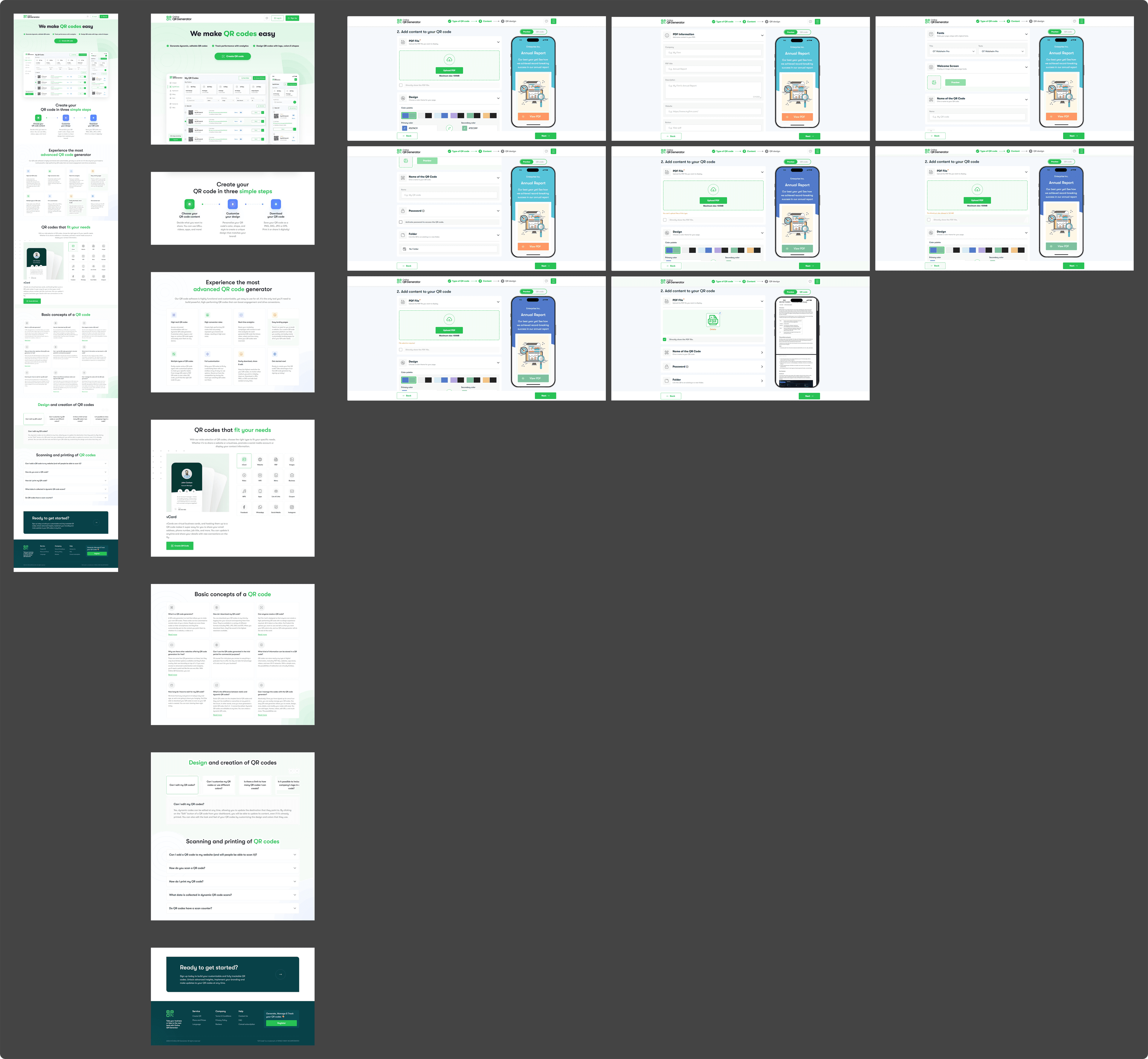 Grid of the redesigned QR generator screens, from the homepage through the PDF creation states
