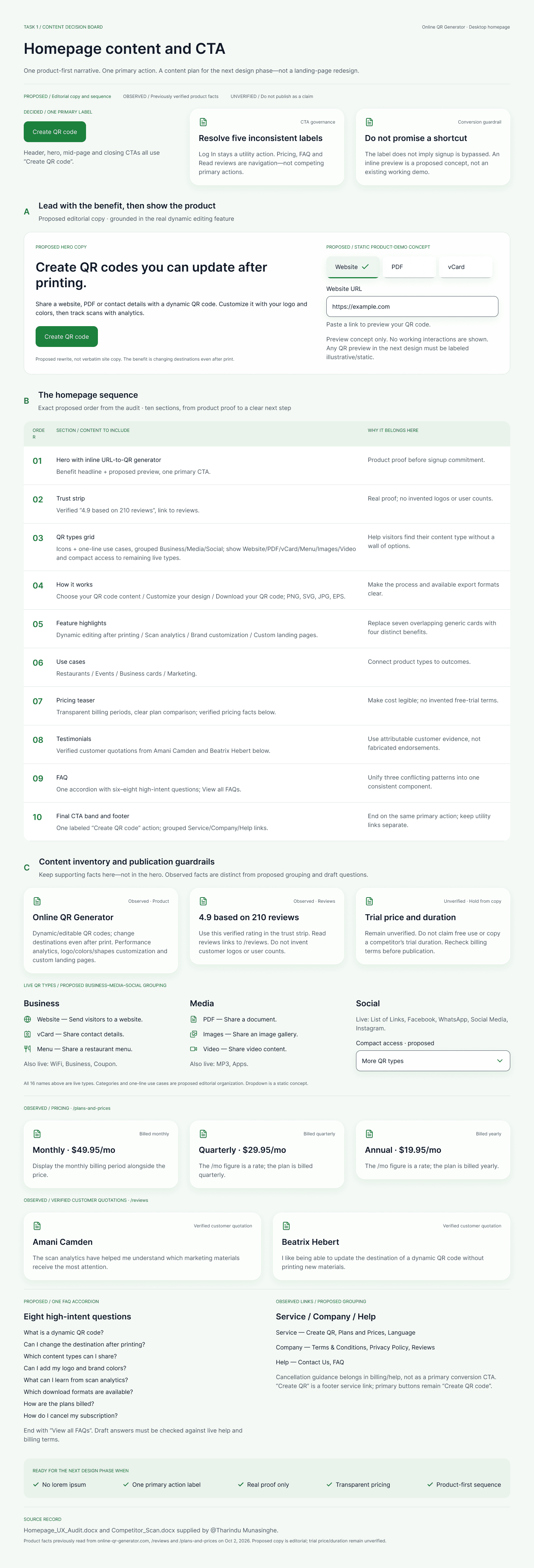Homepage content and CTA board with the primary label, the ten-section sequence and observed facts kept apart from proposals