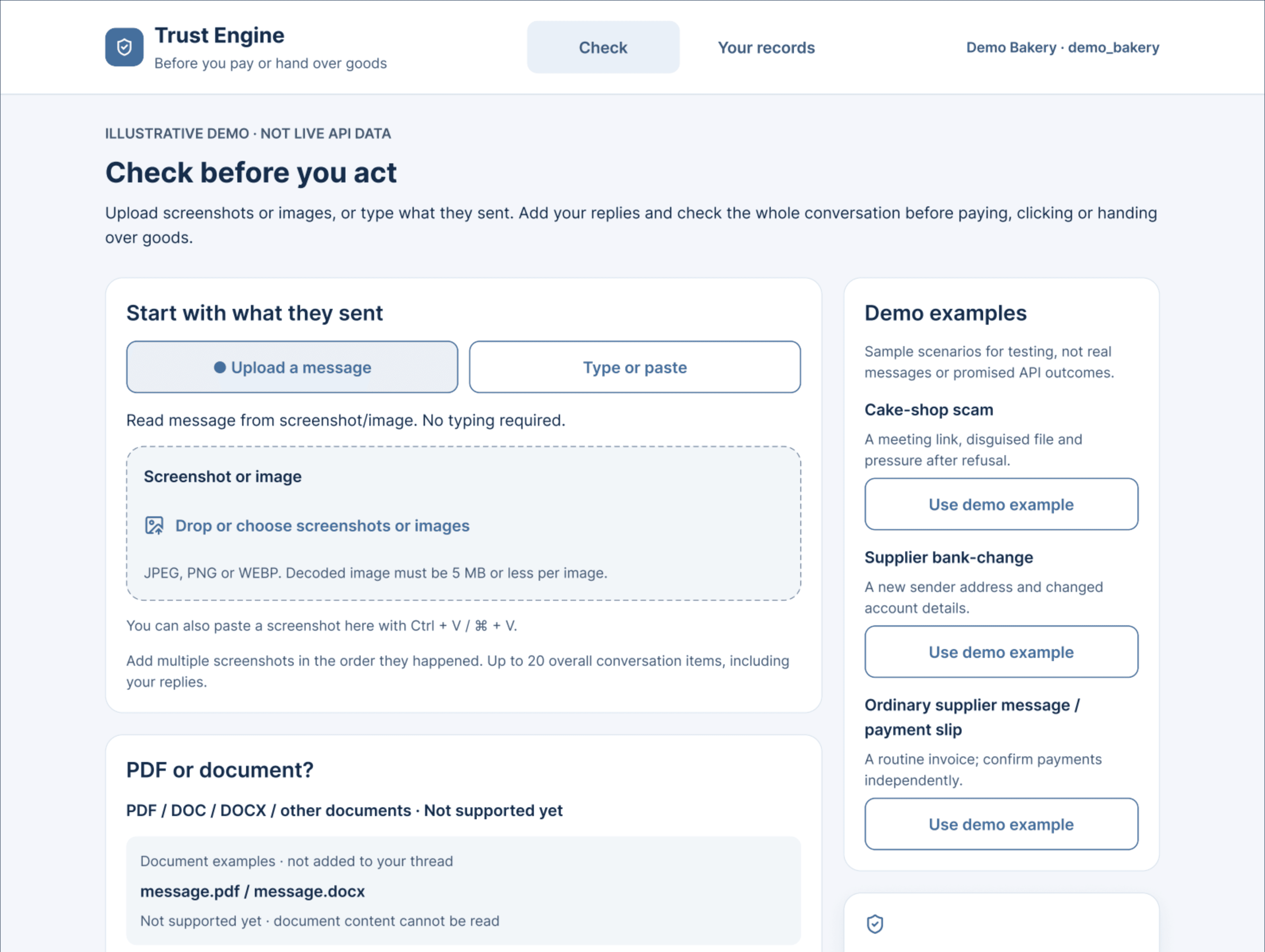 Check screen in its empty state, with upload and type-or-paste options beside a list of demo examples